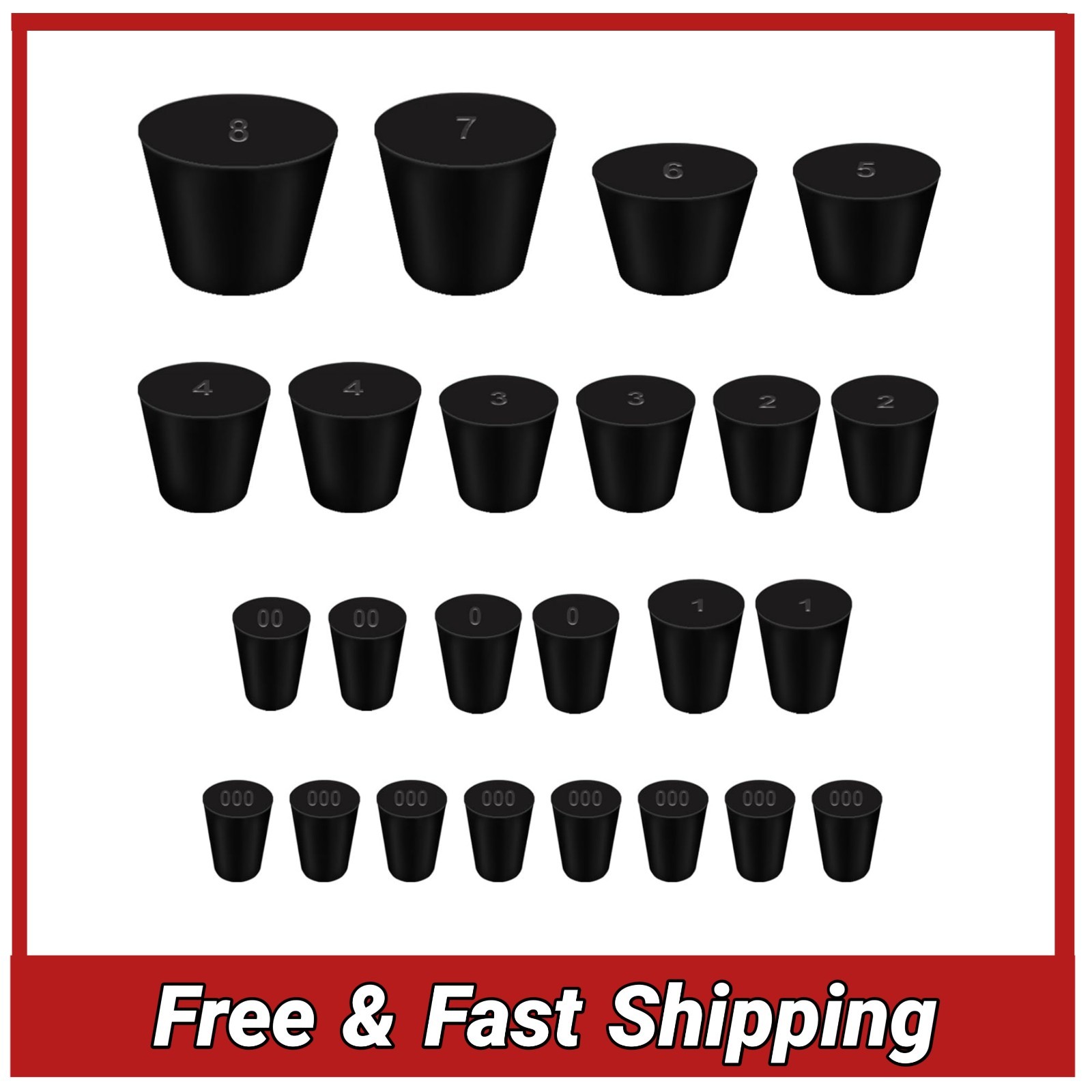 24Pcs Rubber Stoppers Assorted Sizes #000-8 Solid Lab Bottle Plug Seal Kit