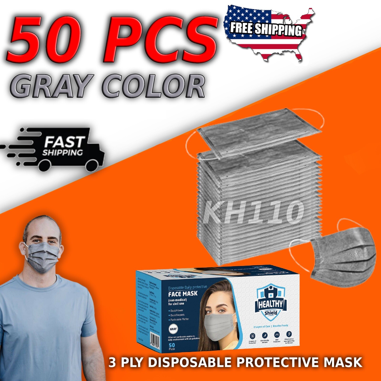 50 PCS Face Mask Non Medical Surgical Disposable 3-Ply Ear loop Mouth Cover-Gray
