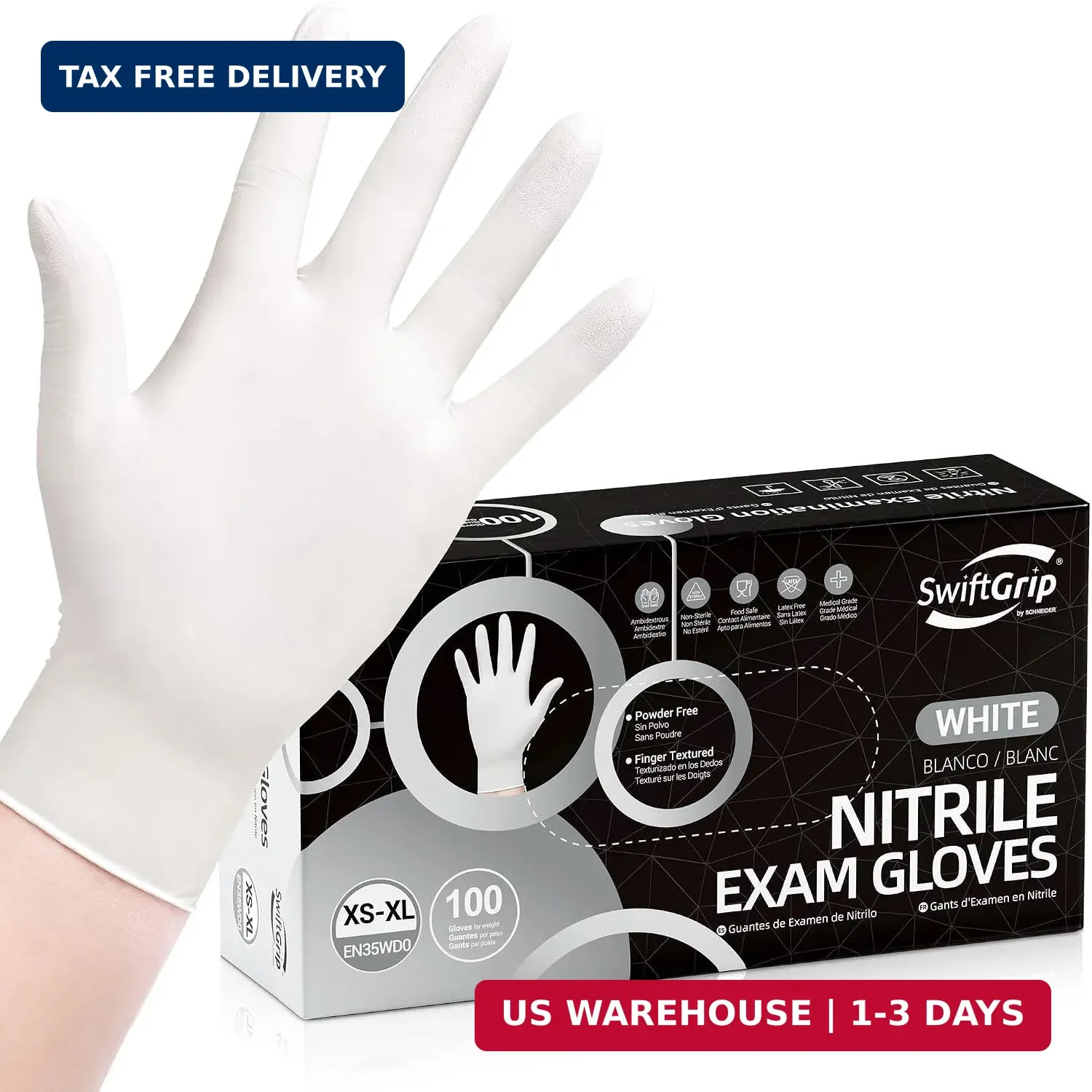 SwiftGrip Disposable Nitrile Exam Gloves, 3-mil, X-Small, Box of 100, White Nitr