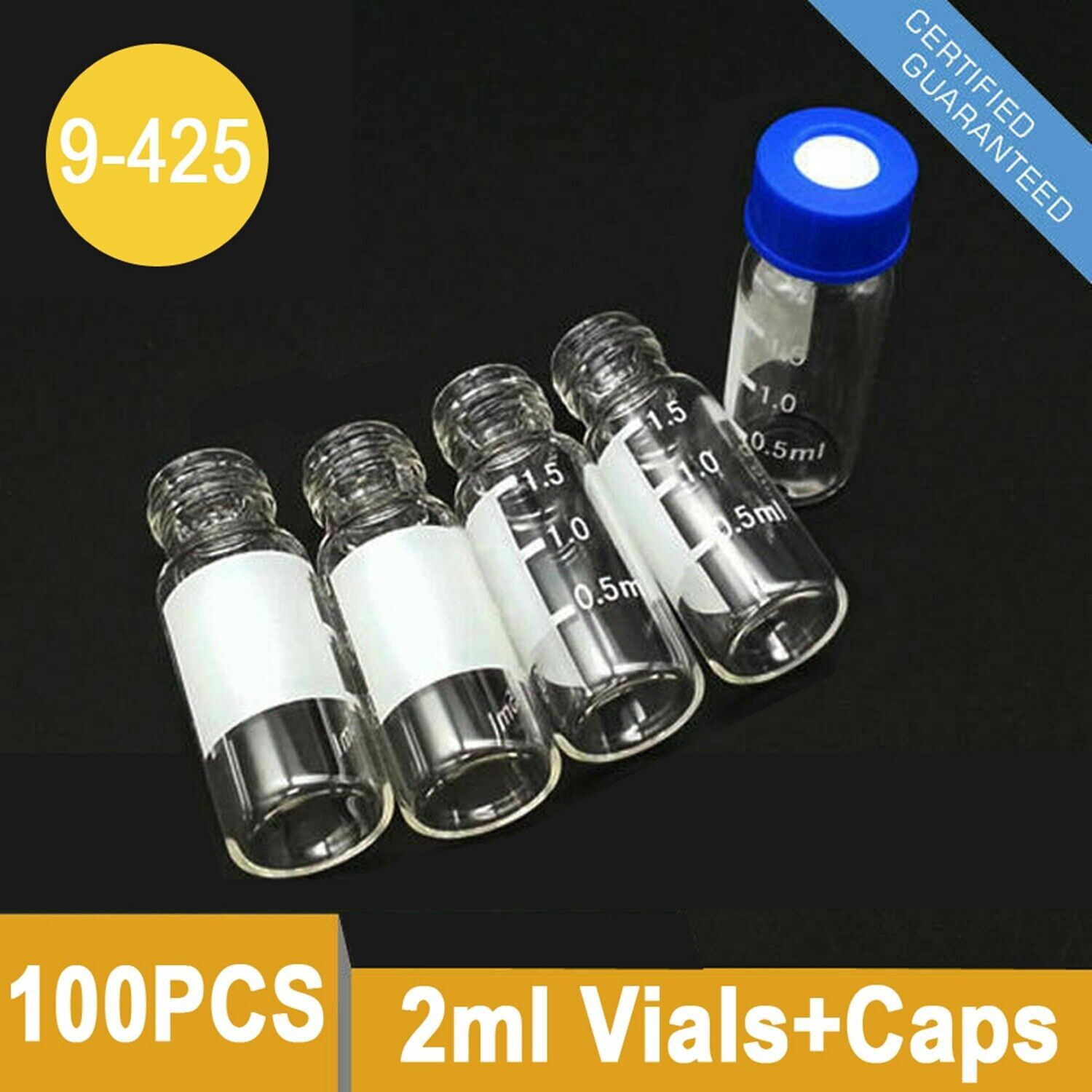 100pcs/pack (Vials+Caps) 2ml 9-425 Lab Supply Glass Bottle Vials w/ Screw Caps