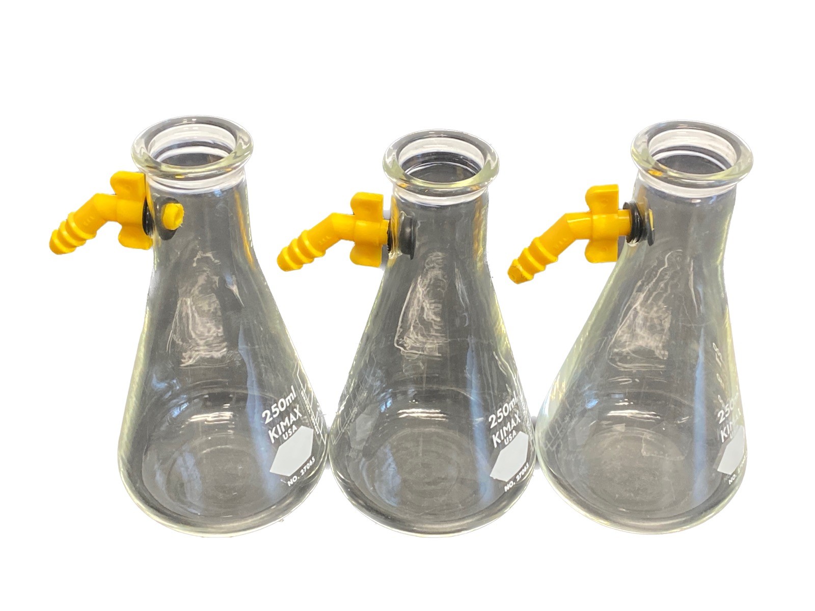 (3) KIMAX Glass 250mL Erlenmeyer Filter Flasks w/ Detachable Sidearm 27065-250