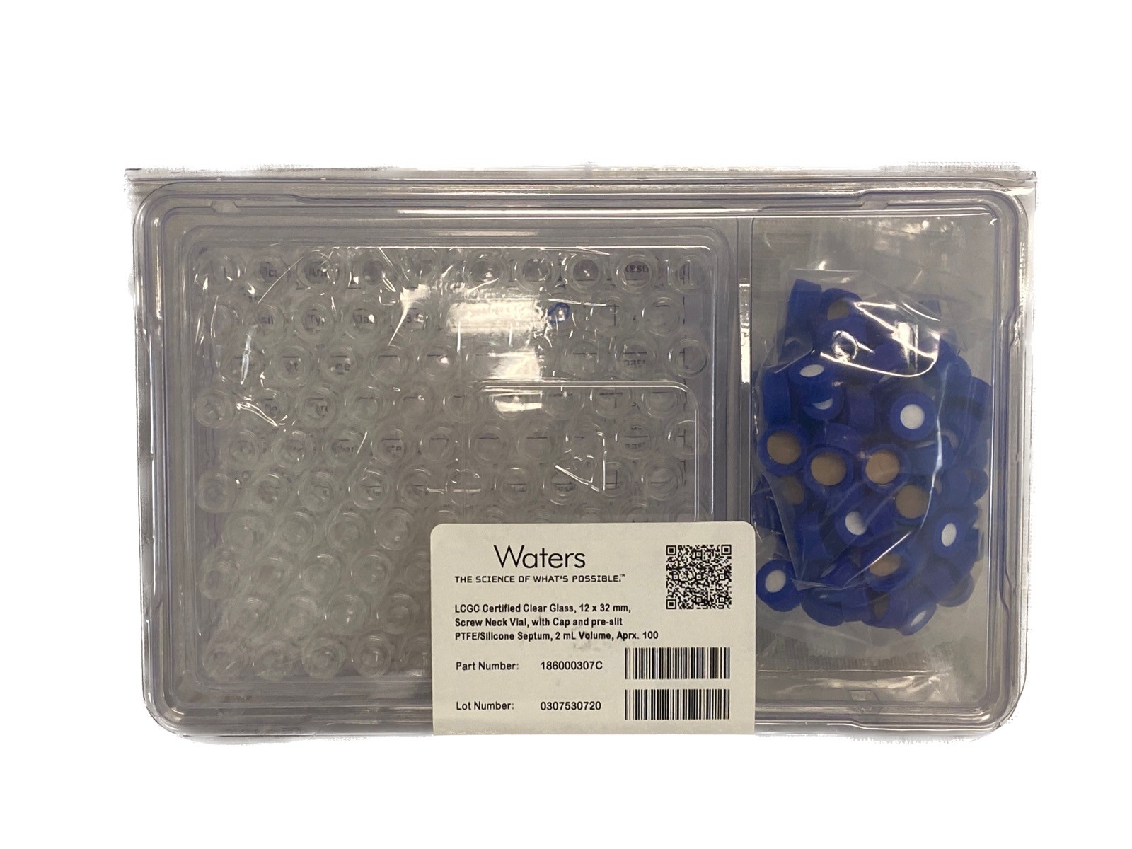 (100/Pk) WATERS 12x32mm 2mL LCGC Clear Glass Vials w/ PTFE Silicone Septum Caps