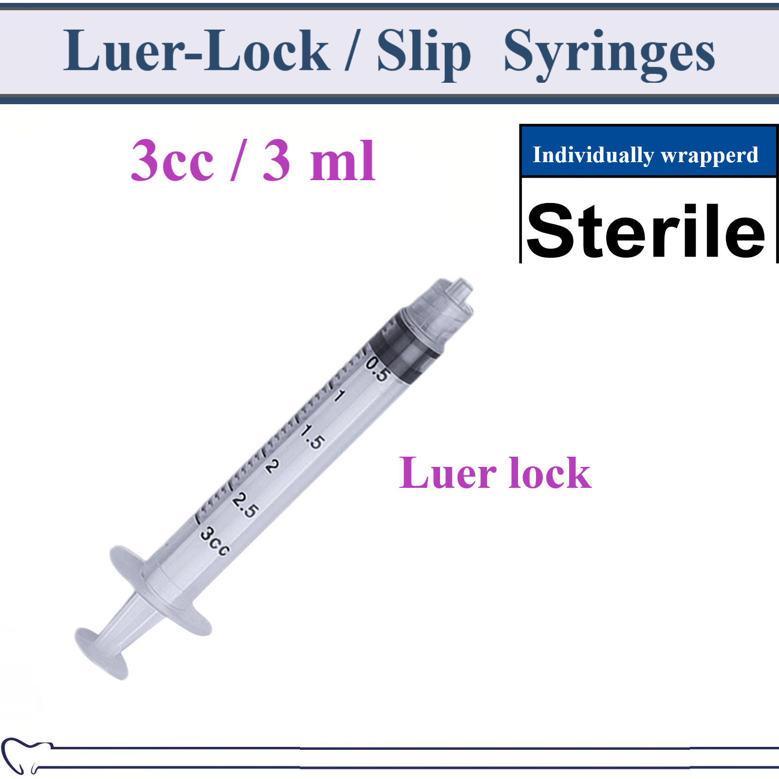 Dental 3cc / 3ml LUER SLIP or LUER LOCK SYRINGE STERILE SYRINGE, NO NEEDLE!