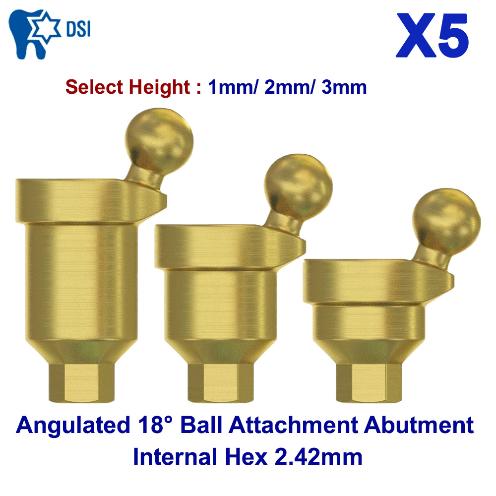 5x Dental Fixture DSI Angulated Ball Attachment Adapter Head 18° Int Hex 2.42