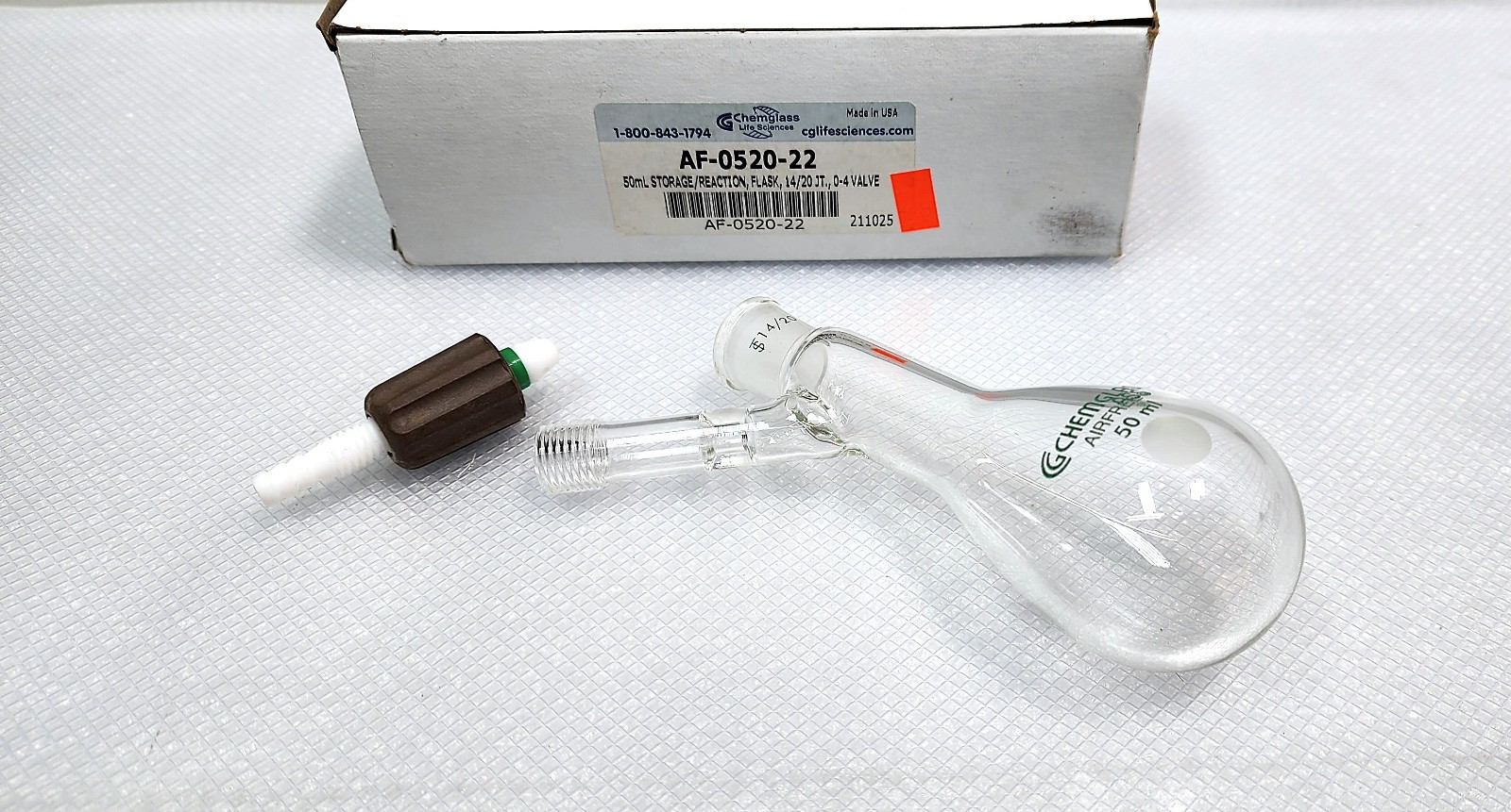 CHEMGLASS AF-0520-22 – 50mL Flask, Reaction, 14/20, 2mm high vacuum stopcock
