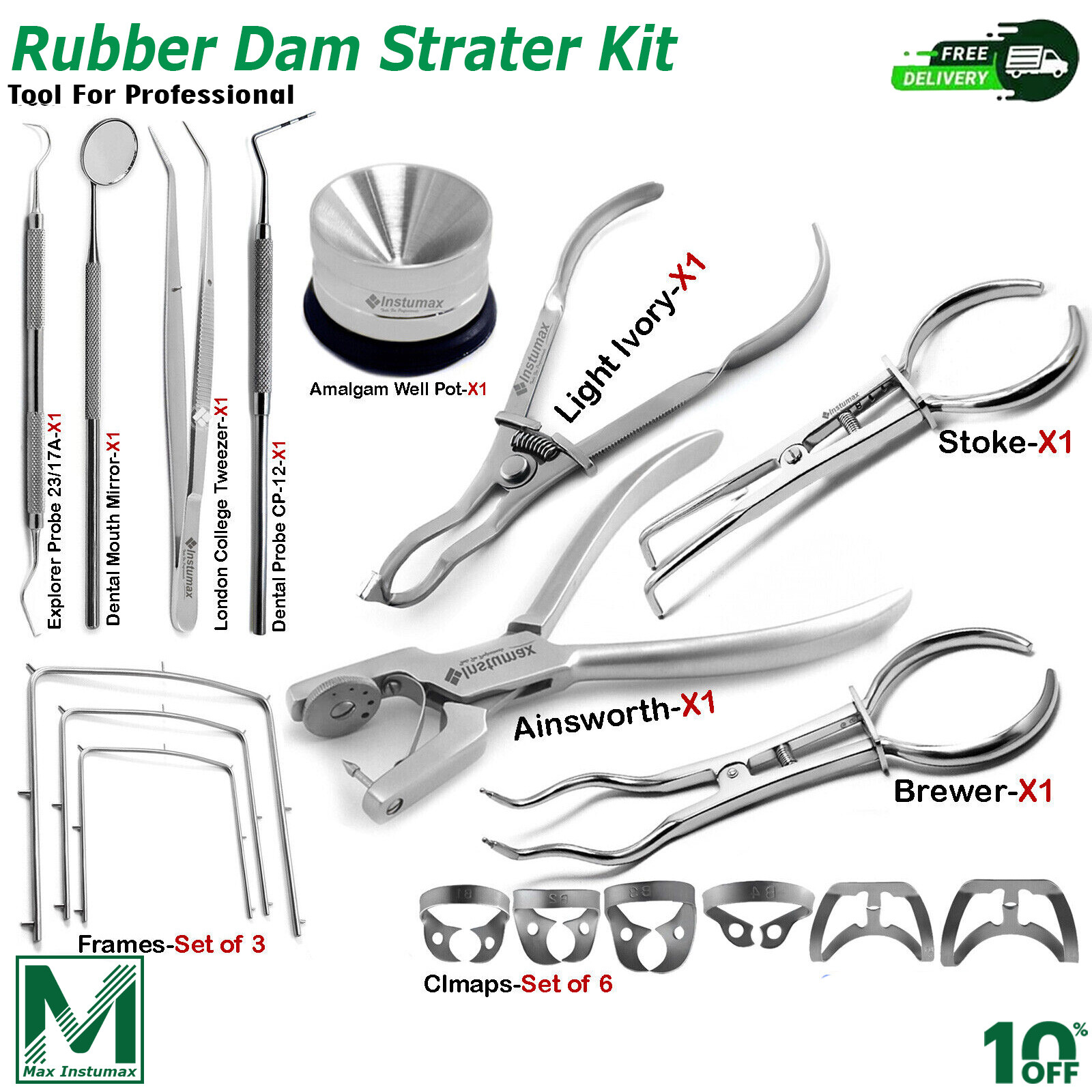 Dental Rubber Dam Kit Endodontic Restorative Scaler Brinker Clamps Forceps