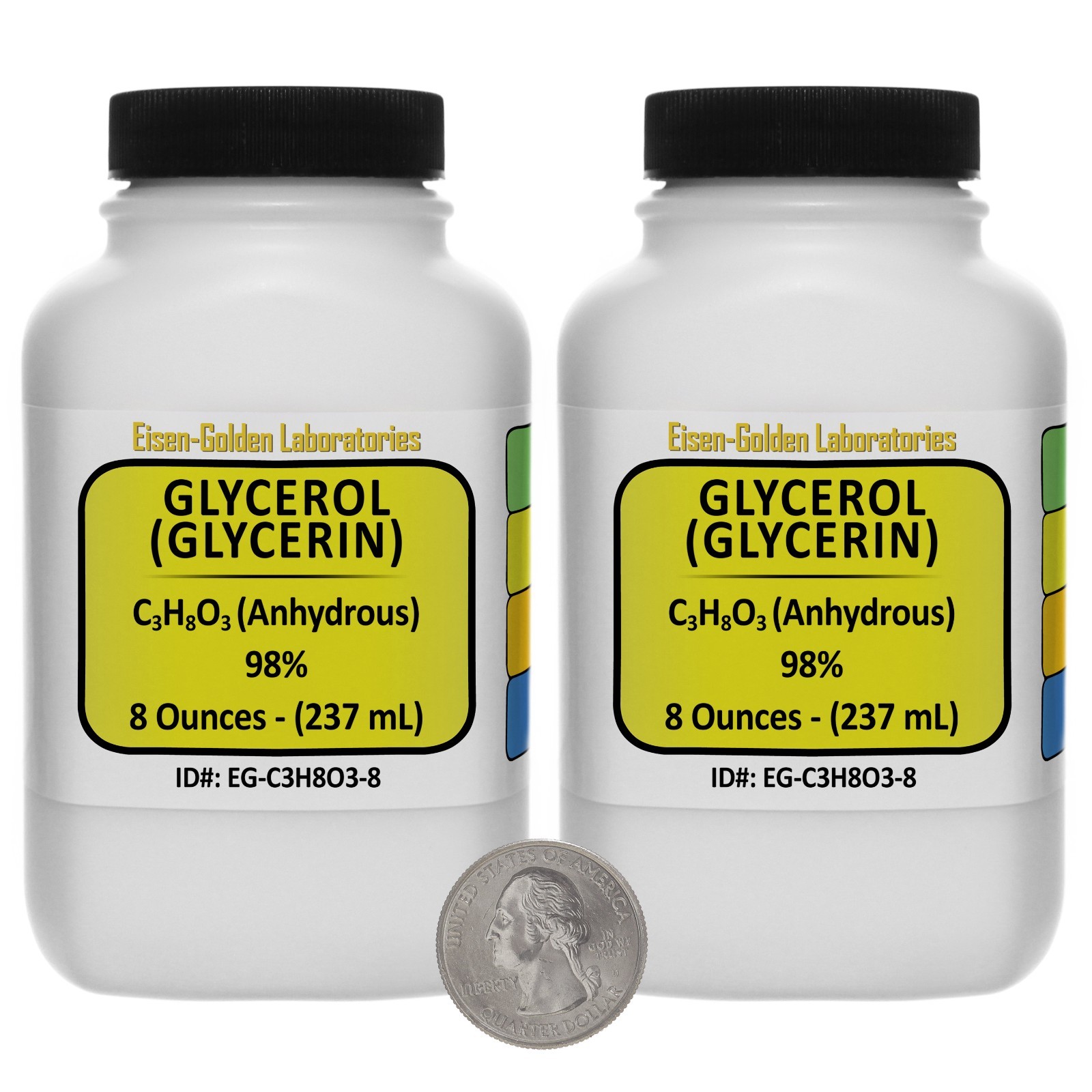 Glycerol [C3H8O3] 98% AR Grade Fluid 16 Oz in Two Space-Saver Bottles USA