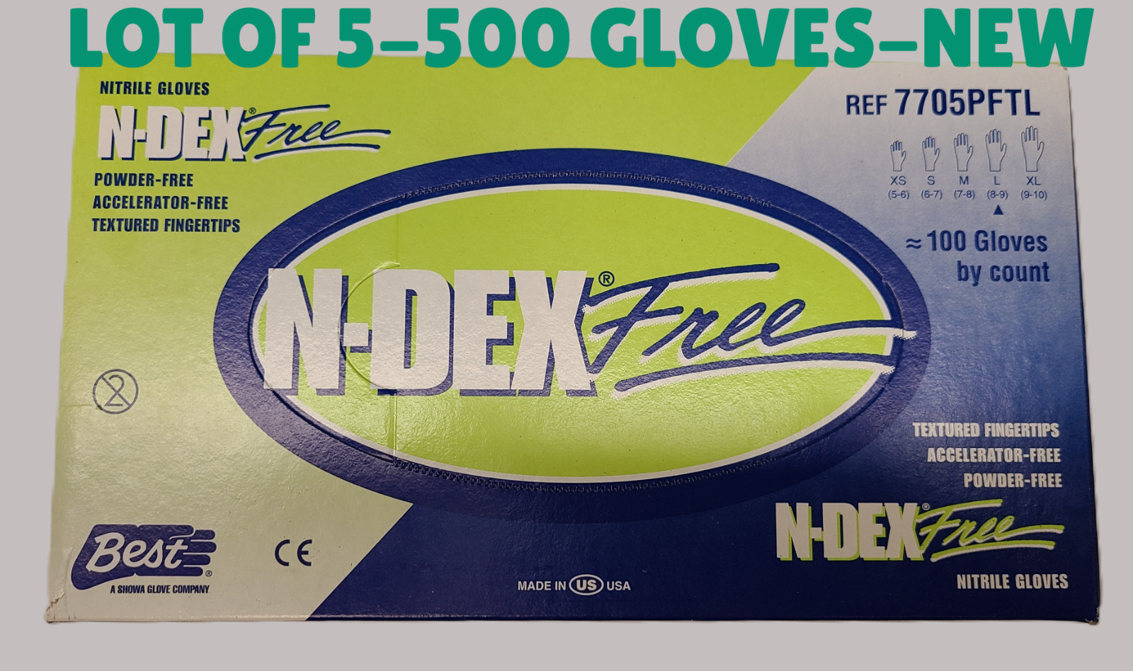 SHOWA N-DEX 7705PFTL Nitrile Gloves Large 4–5 Mil Powder-Free Lot of 5 (500)