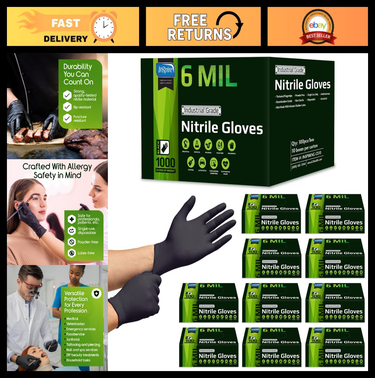 Heavy Duty Disposable Nitrile Gloves | Latex-Free, 6mil Black & 8mil Orange | Fo