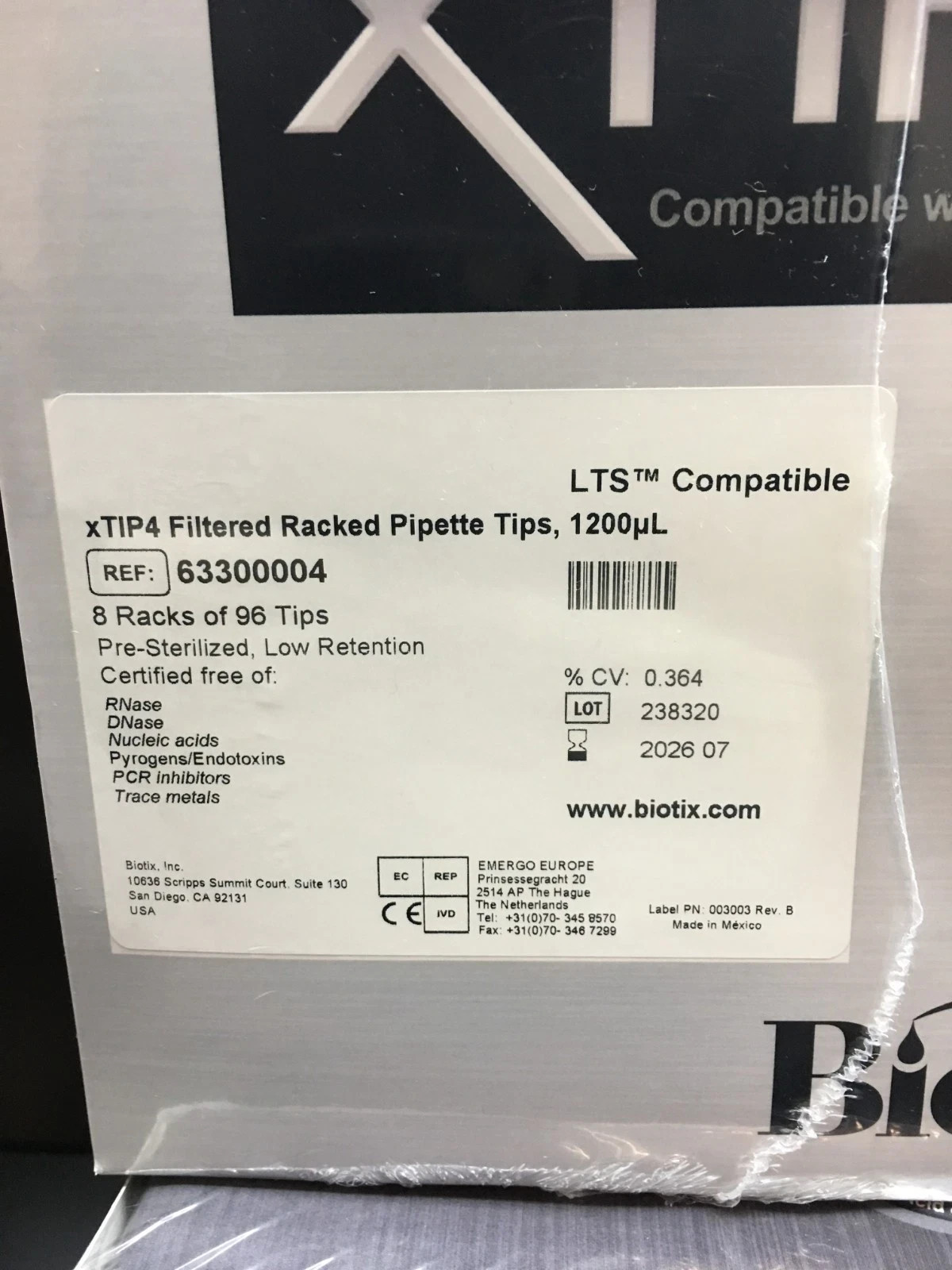 Biotix REF 63300004 xTIP4 LTS Comp Filtered Pipette Tips 1200uL Lot 2 Packs