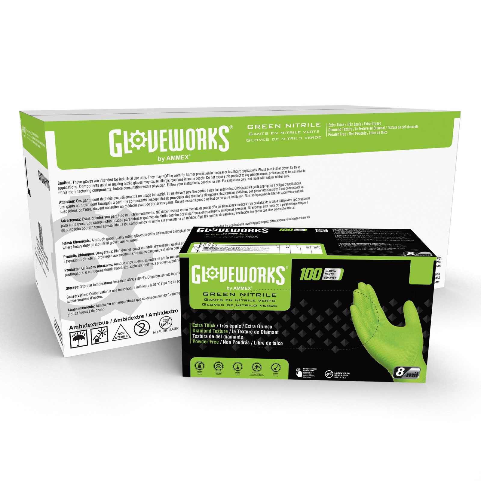 GLOVEWORKS HD Green Nitrile Disposable Industrial Gloves, 8 Mil, Case of 1000