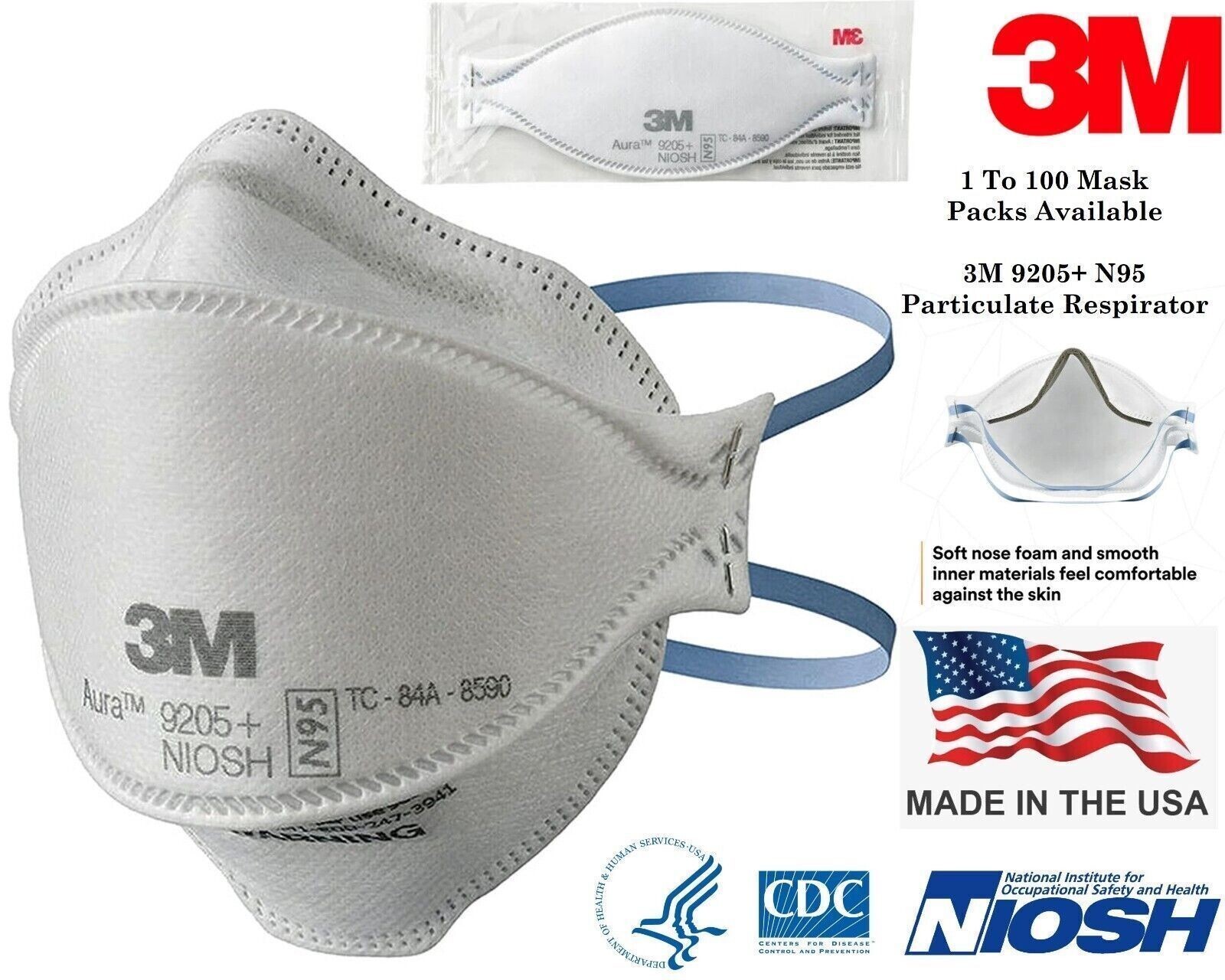 10X 3M 9205+ AURA N95 NIOSH Approved Particulate Respirator Mask Face Masks USA