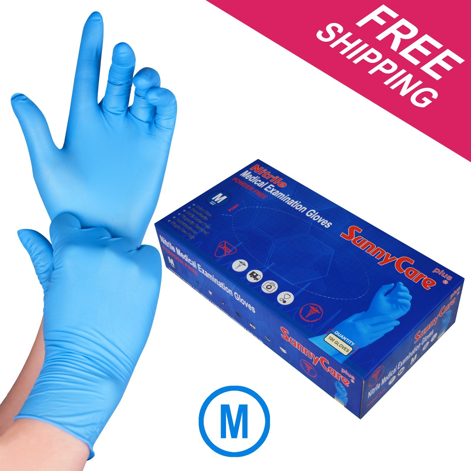 100 SunnyCare Nitrile Exam Gloves Powder Free Chemo-Rated (Non Vinyl Latex) – M