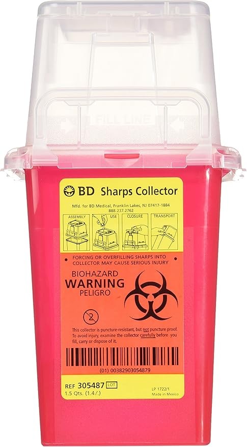 3 – BD® Phlebotomy Sharps BioHazard Container 1.5 qt Hinge Cap w/Needle Port Red