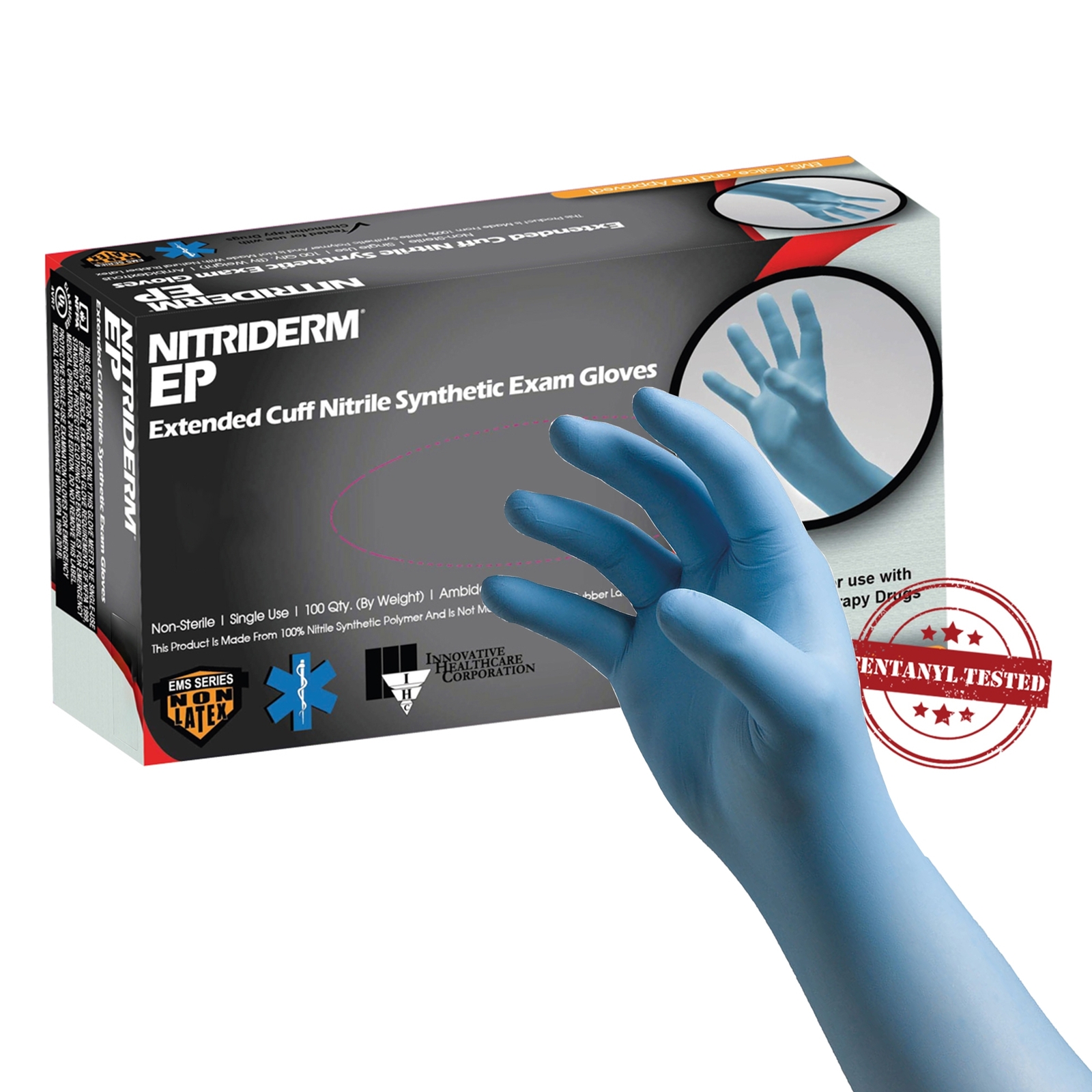 NitriDerm EP Nitrile Exam Glove Extended Cuff Length LARGE 100 per Box