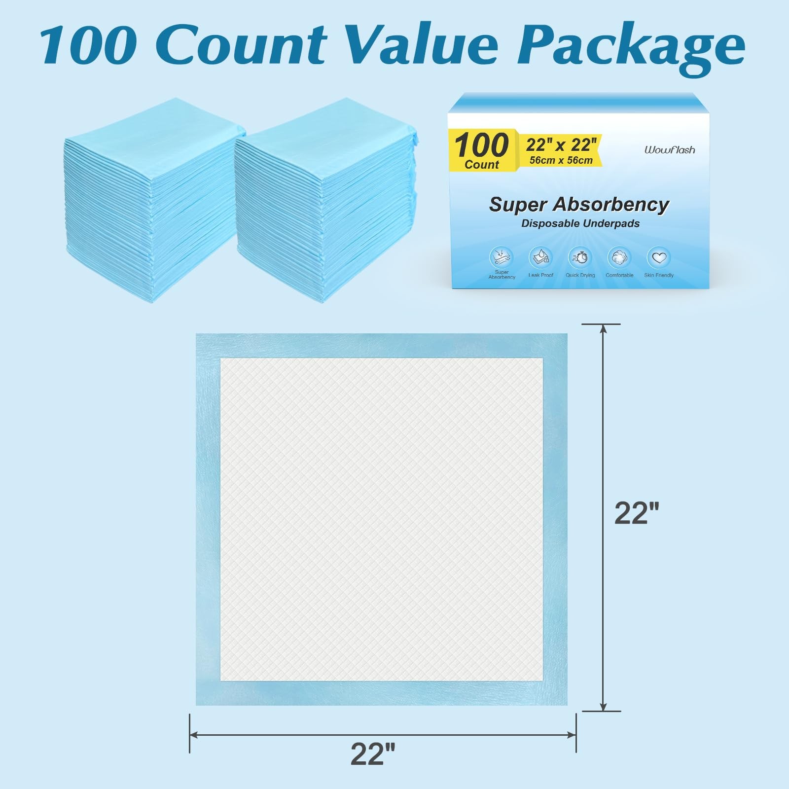 Wowflash 100 Count 22 X 22 Super Absorbency Disposable Underpads Leakproof