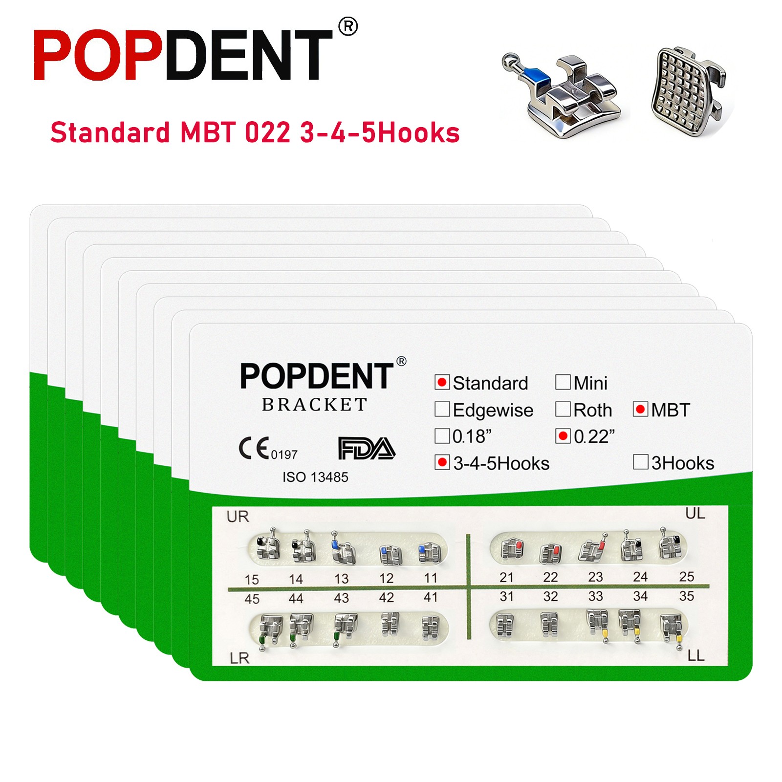10Kits POPDENT Dental Orthodontic Metal Brackets Standard MBT 022 345H Monoblock