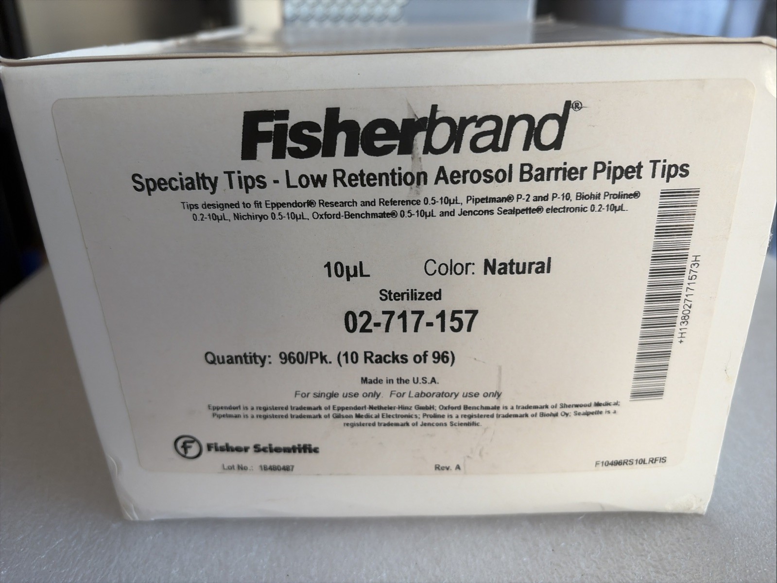Fisherbrand 02-717-158, Low Retention Aerosol Barrier Pipet Tips- 960/Pk