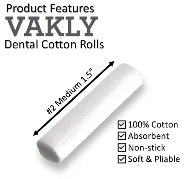 Vakly Dental Cotton Rolls #2 Medium 1.5 in (100 100 Count (Pack of 1), White
