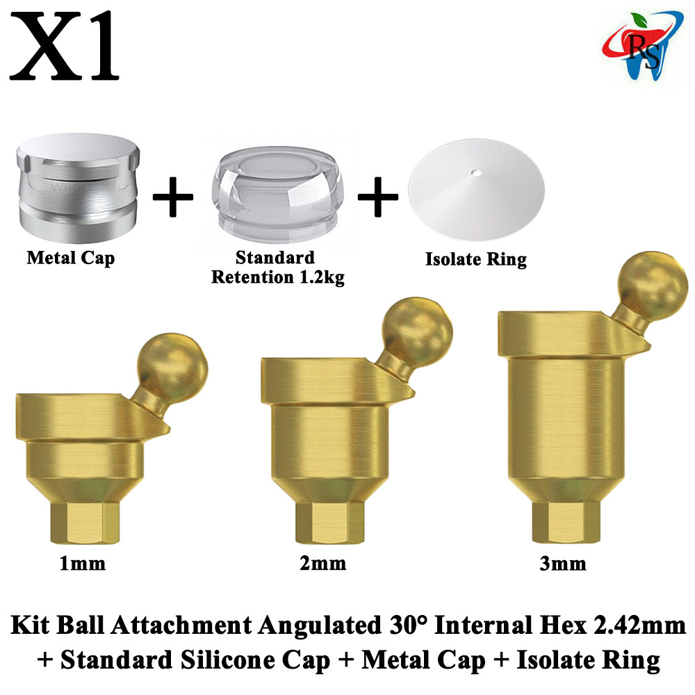 1x Kit Angulated 30° Ball Attachment Standard Silicone Metal Cap Isolate Ring