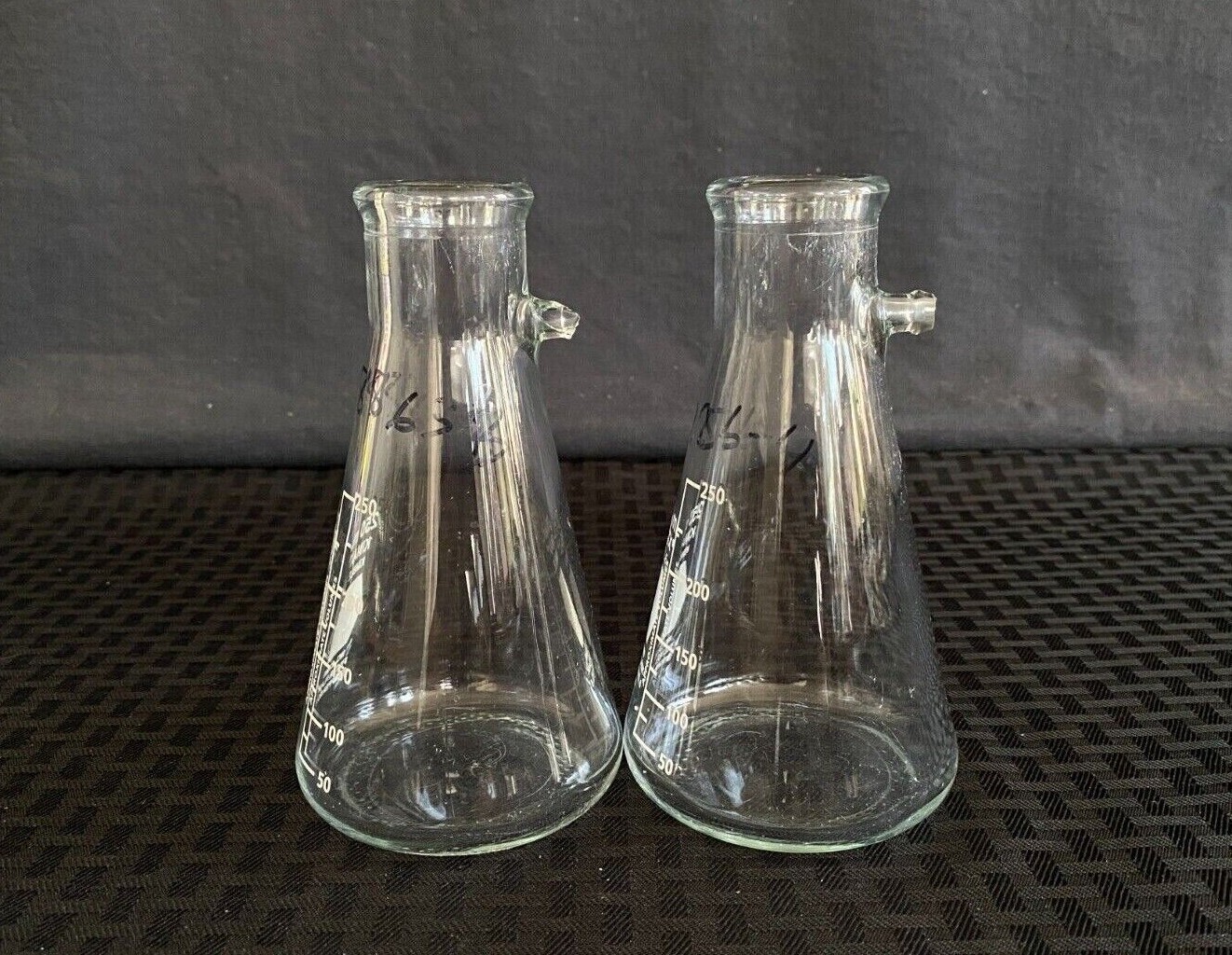 (2) Kimble Kimax Glass 250mL Graduated Filtering Flask w/ Tubulation, Damaged