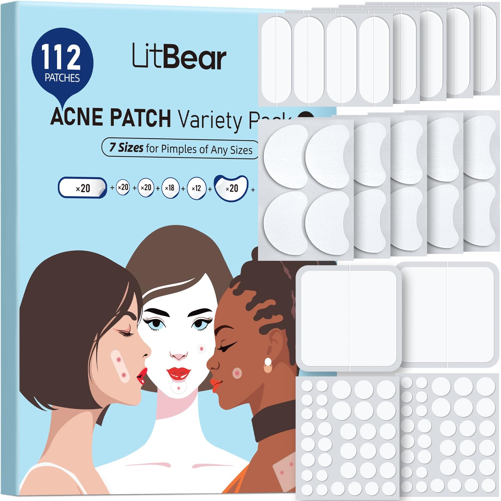 LitBear Large Pimple Patches (7 Sizes 112 1 Count (Pack of 112), transparent