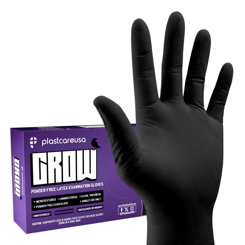 PlastcareUSA Crow Latex Exam Gloves, Black, XL, 100/Box
