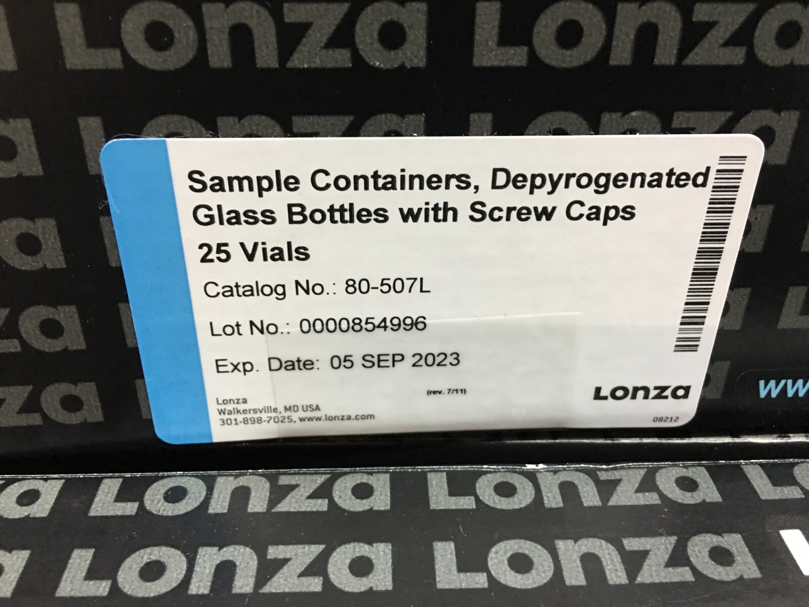 Lonza Ref 80-507L Sample Containers Depyrogenated Glass Bottles w Caps Lot 10 PK