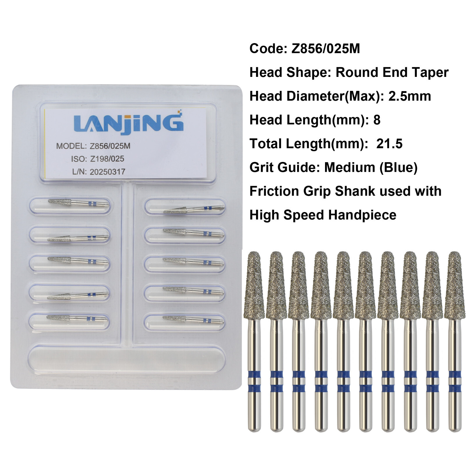Dental Diamond Burs Round End Taper Zirconia Adjustment FrictionGrip Fine Medium