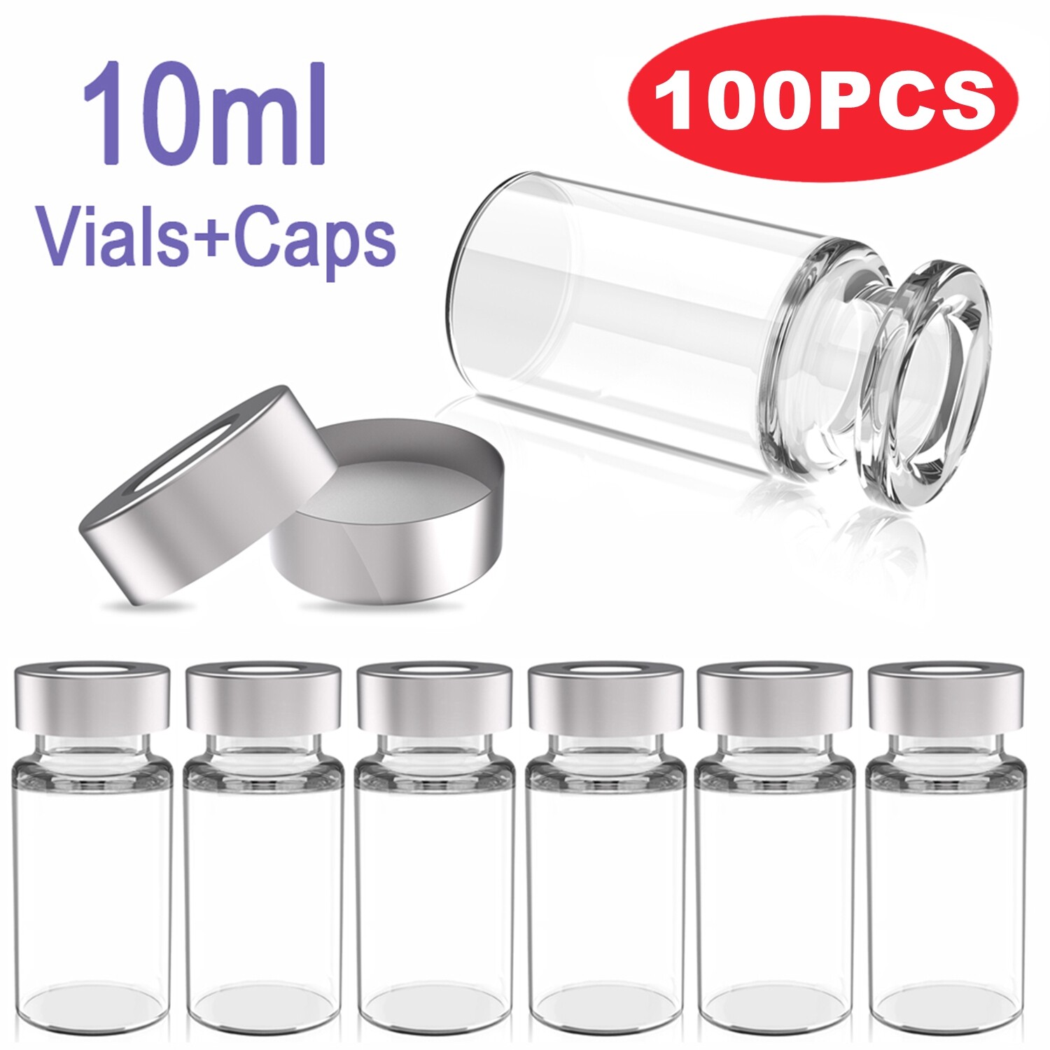 100pcs Lab 10ml Clear Vials+Caps 20mm Glass Bottles HPLC Beveled Edge Crimp Top