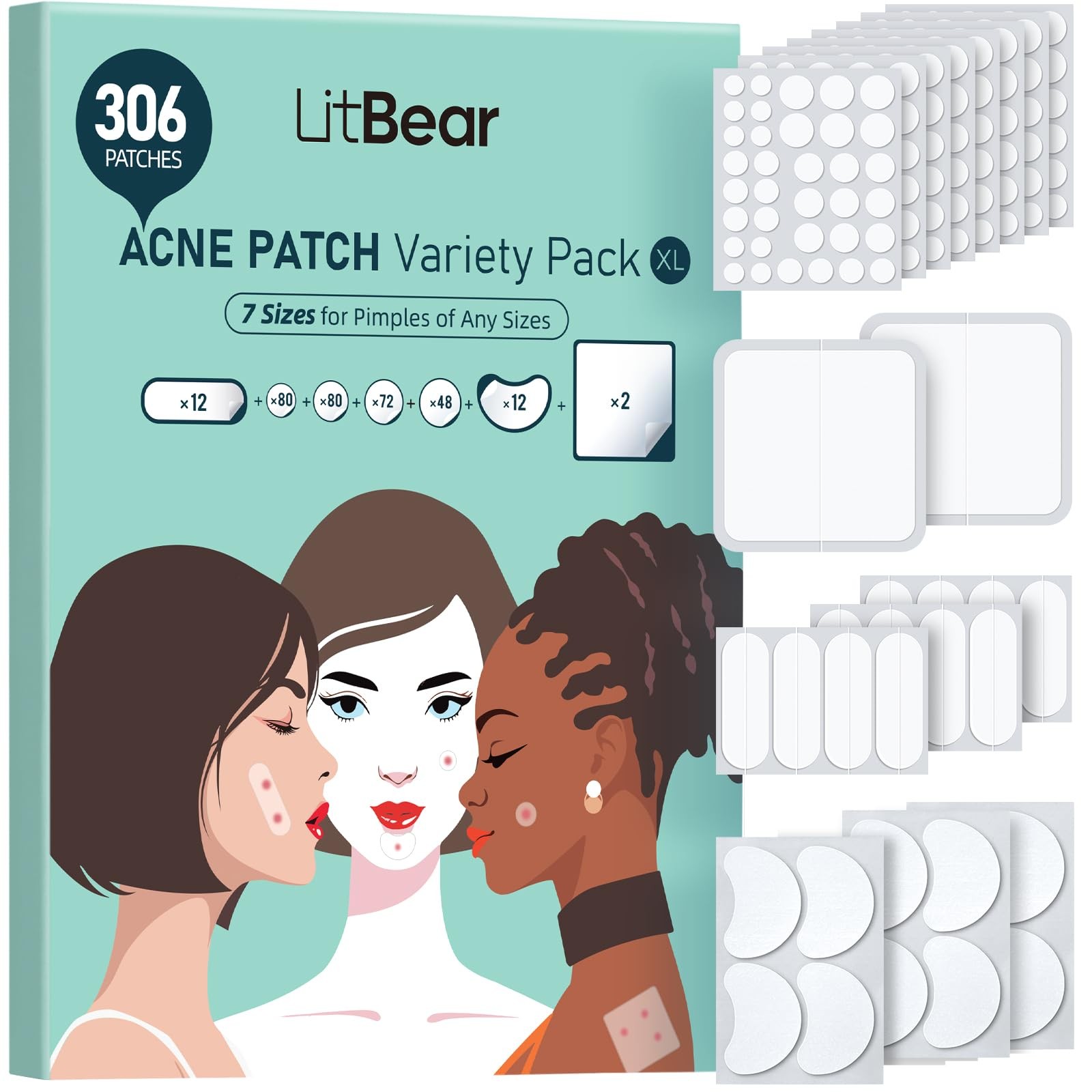 LitBear Large Pimple Patches (7 Sizes 306 306 Count (Pack of 1), transparent