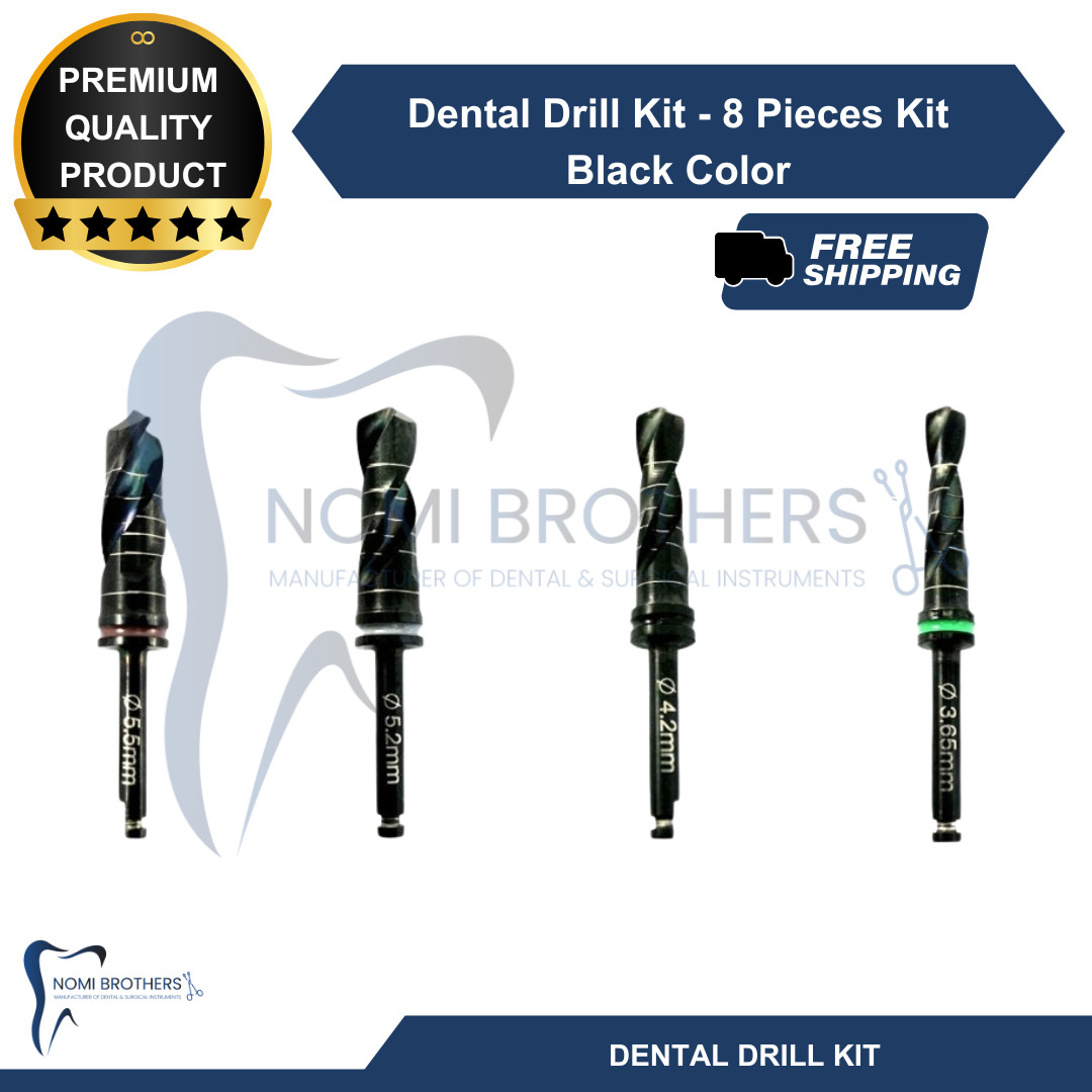 8-Piece Titanium Coated Dental Drill Kit – Black, CE Certified, Autoclavable