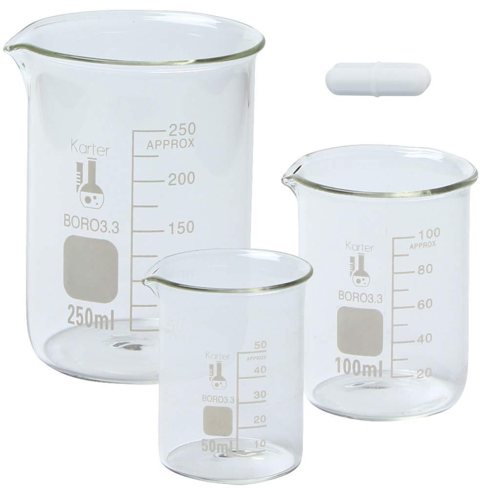 Boro Glass Low Form Beaker Set with Magnetic Stir Bar, 3 Sizes – 50, 100, 250ml,
