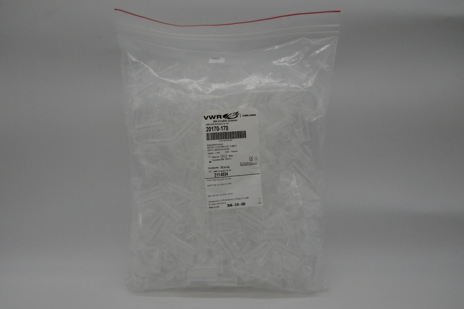 VWR 20170-170 Micro-Centrifuge Tubes 2.0mL Natural Bag of 500 211-0034