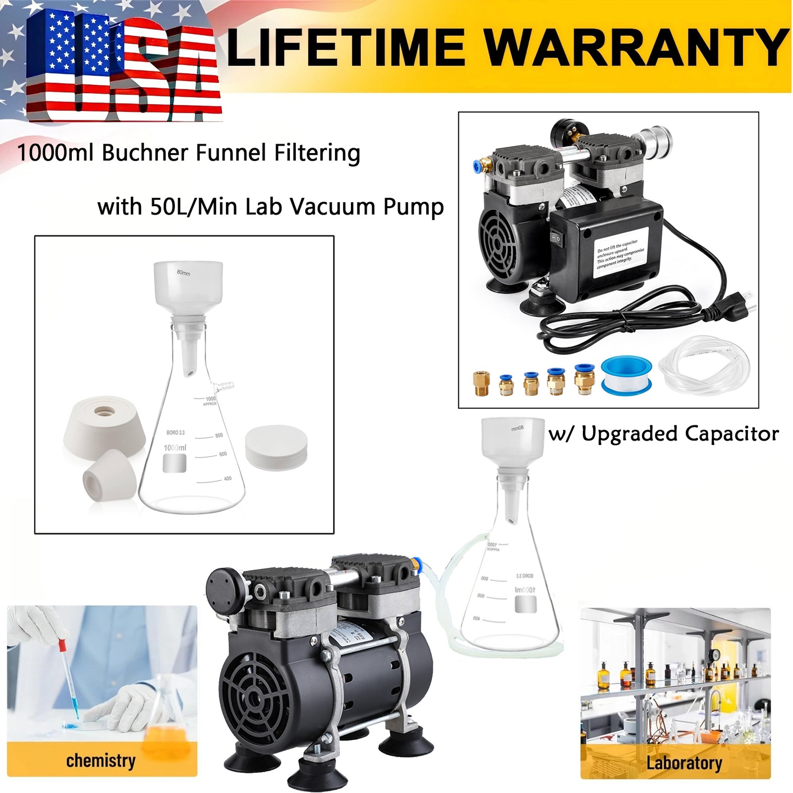 50L/Min Lab Vacuum Pump w/ Capacitor,1L Lab Vacuum Filtration Funnel Filtering