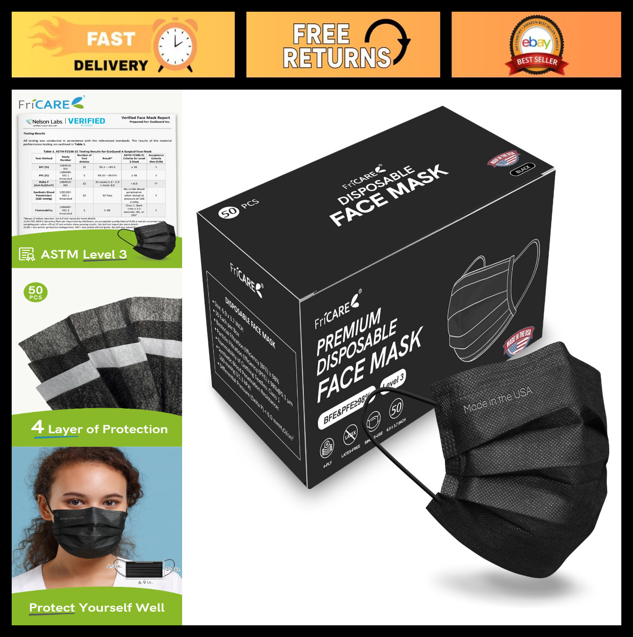4-Ply Disposable Face Masks, ASTM Level 3 Medical Grade, Breathable Comfort, 50