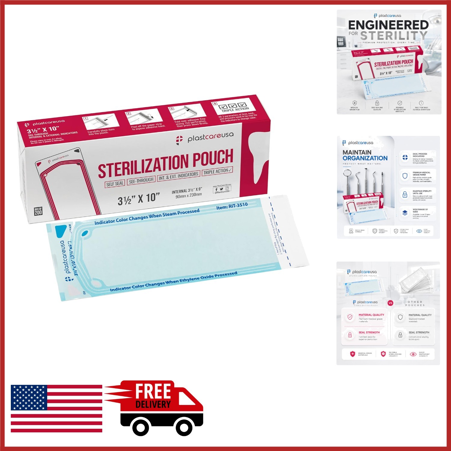 Self Sealing Sterilization Pouches 3.5″ x 10″ – 200 Count for Dental Tools