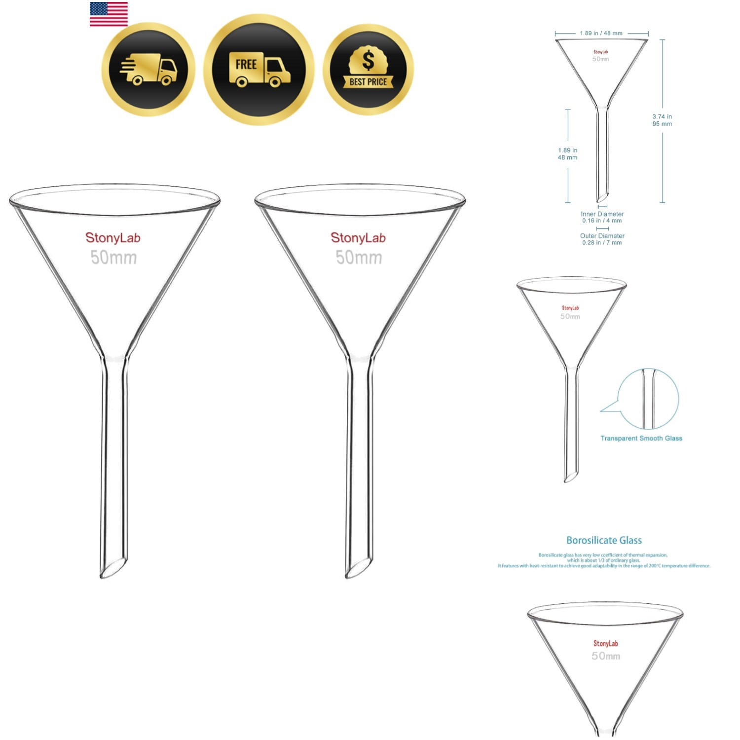 2-Pack Glass Heavy Wall Funnel Borosilicate Glass Funnel, Short Stem 50mm Dia…