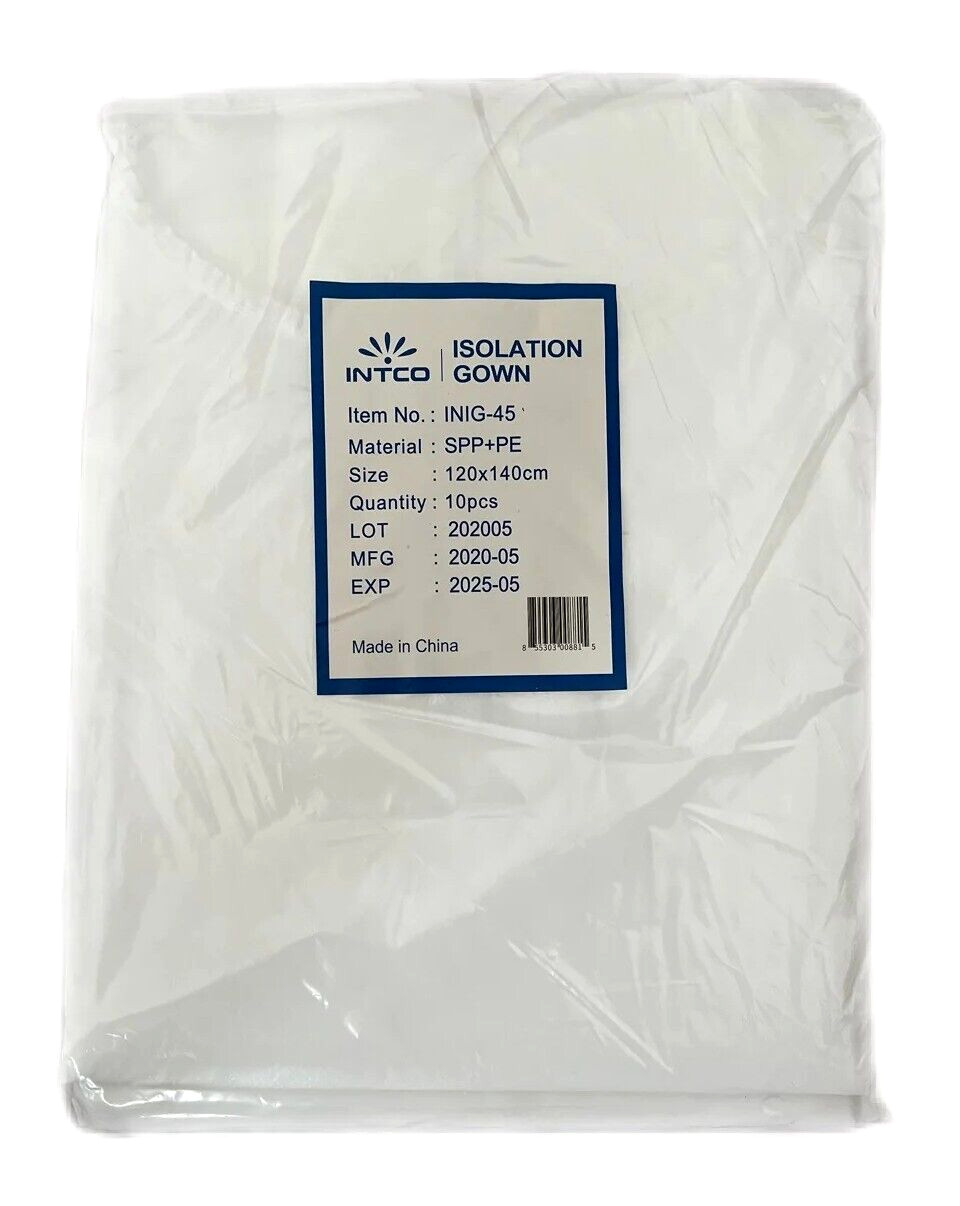 INTCO Disposable Protective Isolation Gowns – White – INIG-45 (10-Pack)