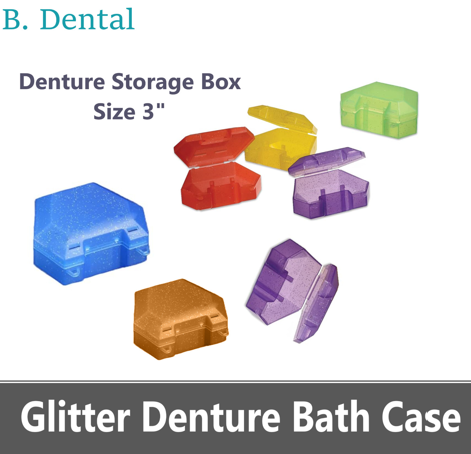 Dental Denture Box GLITTER DENTURE BATH CASE Retainer Case- 3′ Deep, 1/Ea