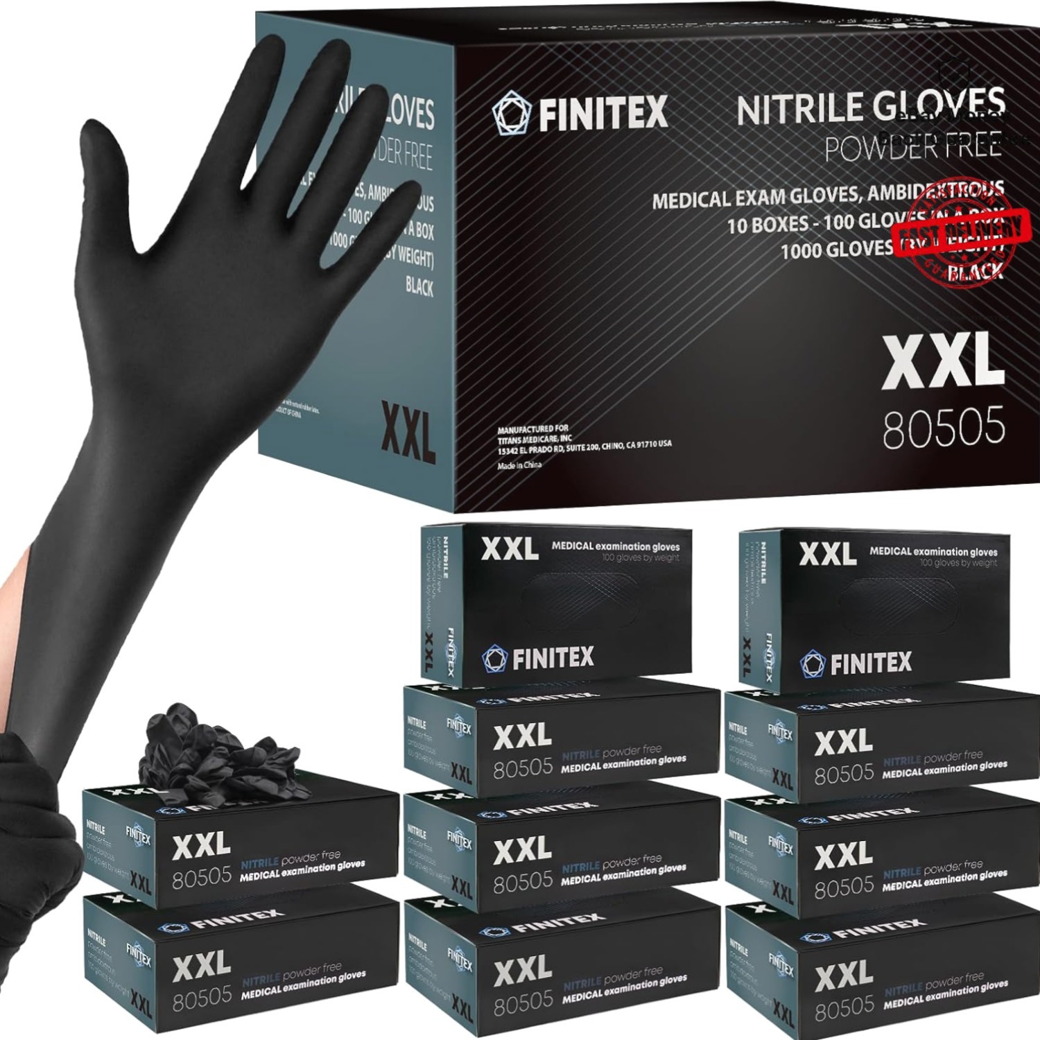 Large Black Nitrile Disposable Exam Gloves – 5 Mil, 1000 Count for Medical Use