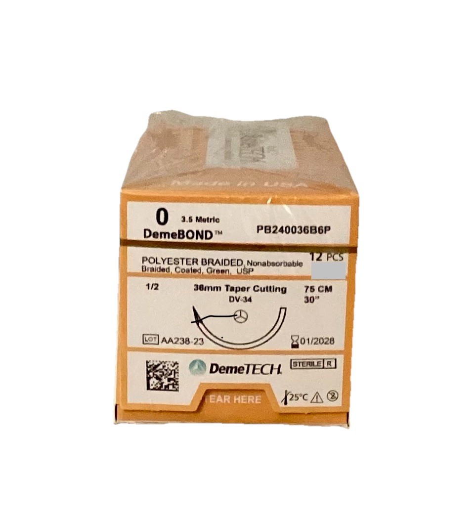 DemeBOND 0 USP Polyester Sutures 30” DV-34 36mm 1/2c EXP 2028 NEW SEALED