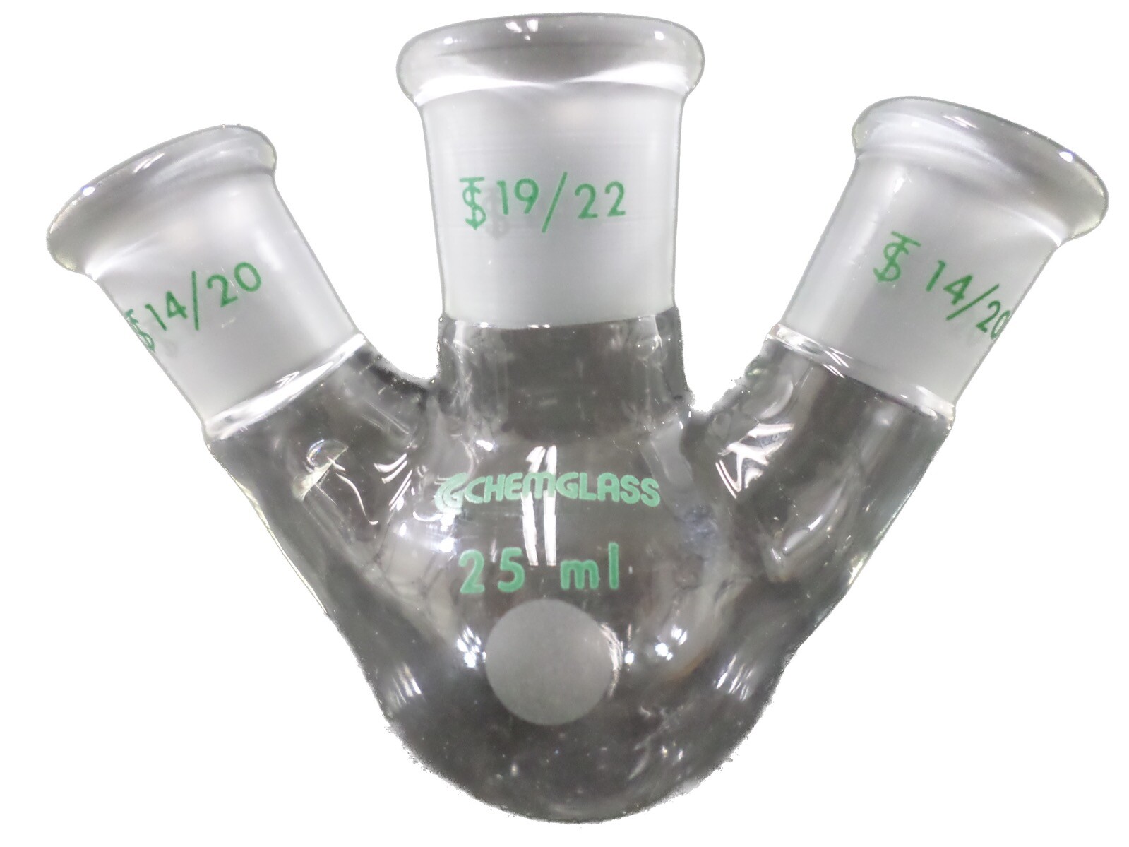 CHEMGLASS 25mL 3-Neck Round Bottom Flask 19/22CN 14/20SN Angled 20° CG-1524-A-03