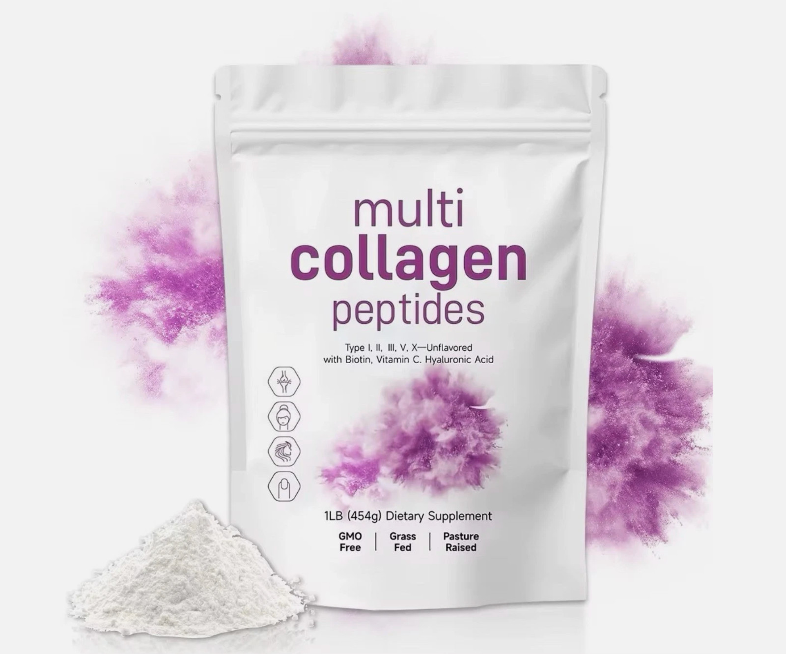 Multi Collagen Peptides Type I, II, III, V, X-Unflavored with Biotin, Vitamin C