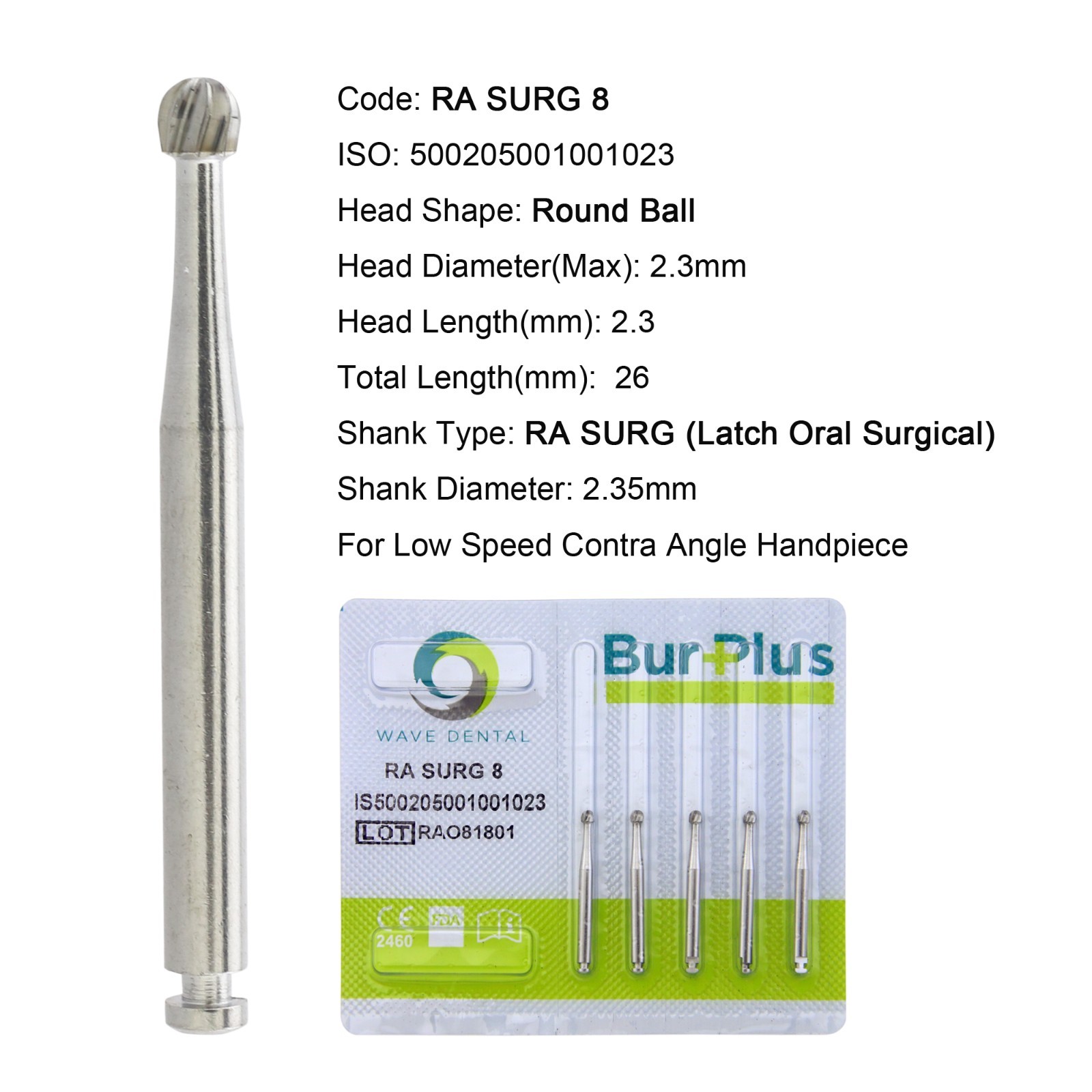 WAVE Dental Surgical Latch Carbide Burs Round RA SURG 8 Slow Speed Contra Angle