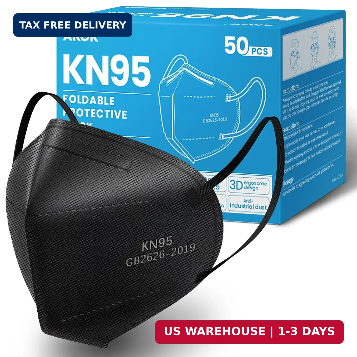 akgk KN95 Face Mask 50 PCS, Breathable Protection Masks, 5-Ply KN95 Black Masks,