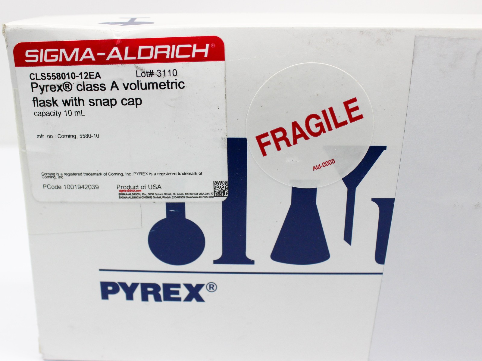 Corning Pyrex Class A Volumetric Flask 10 mL with Snap Cap, N (New) (3320685968)