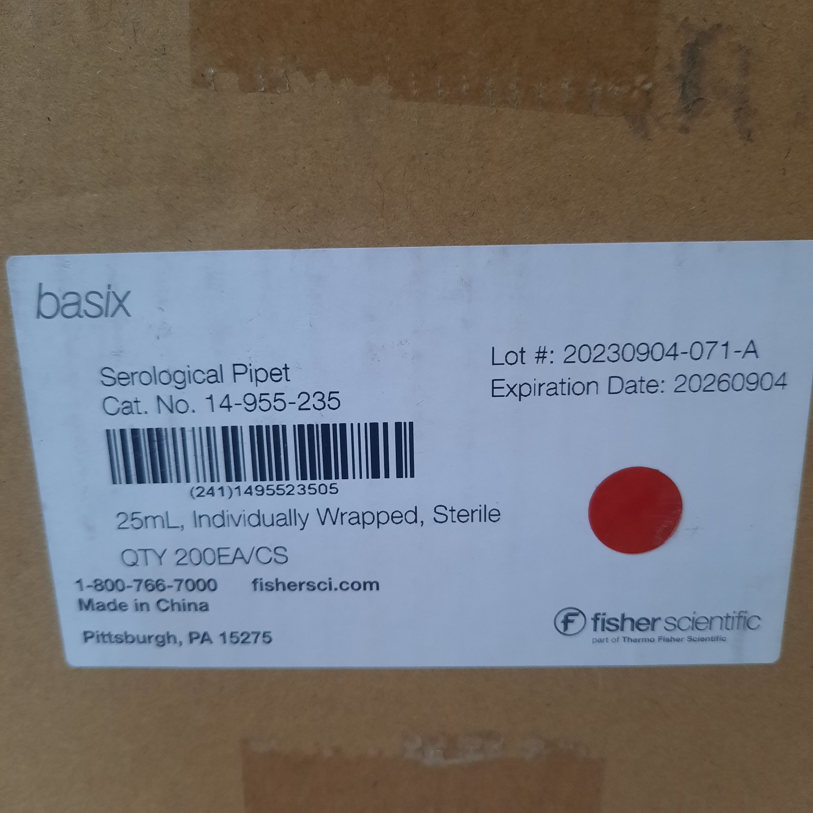 Fisher Scientific Basix 25 mL in 2/10 Serological Pipet, 200pcs/Case, Exp 9/2026