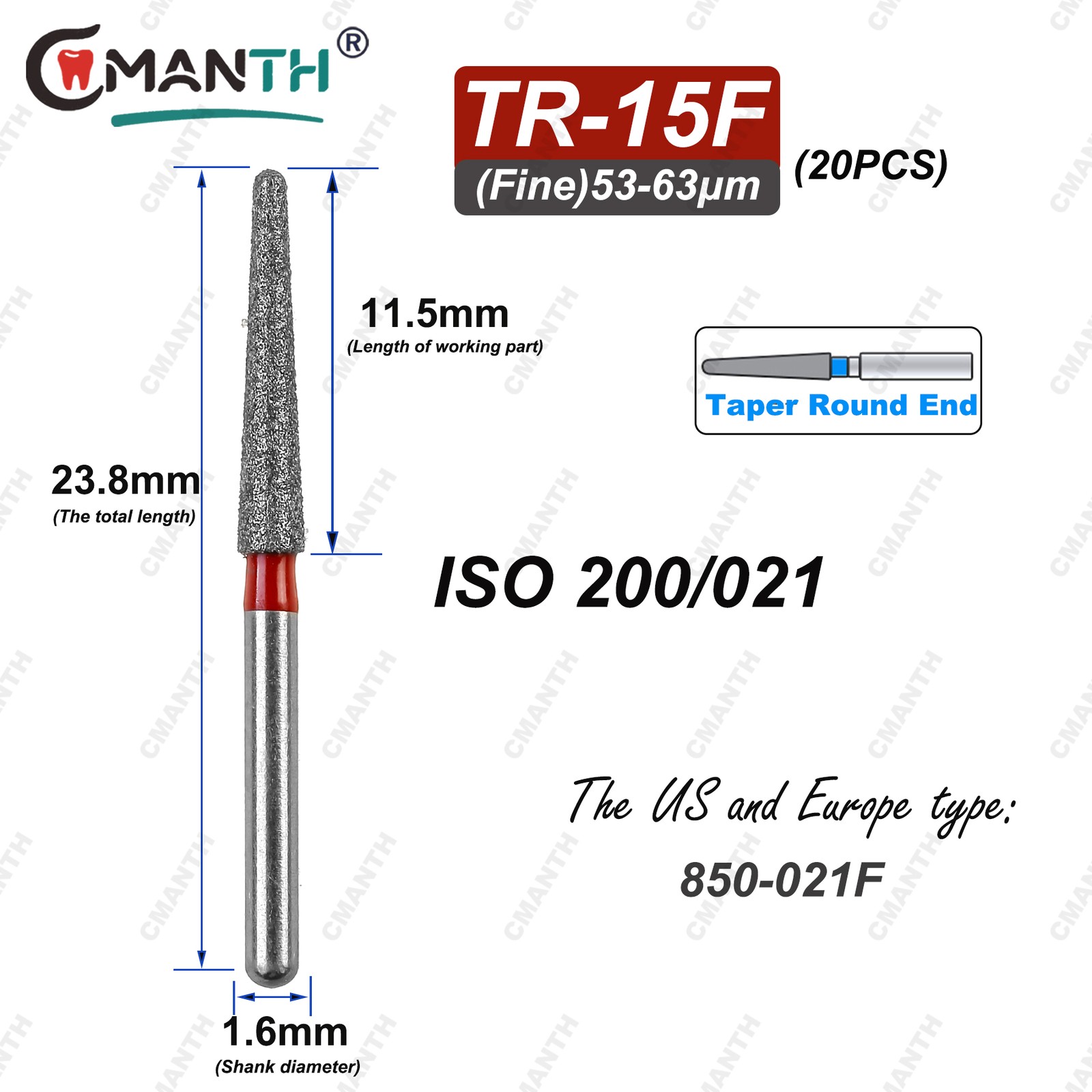 TR Type Dental Diamond Burs Fit High Speed Handpiece 1.6mm Drills 20pcs