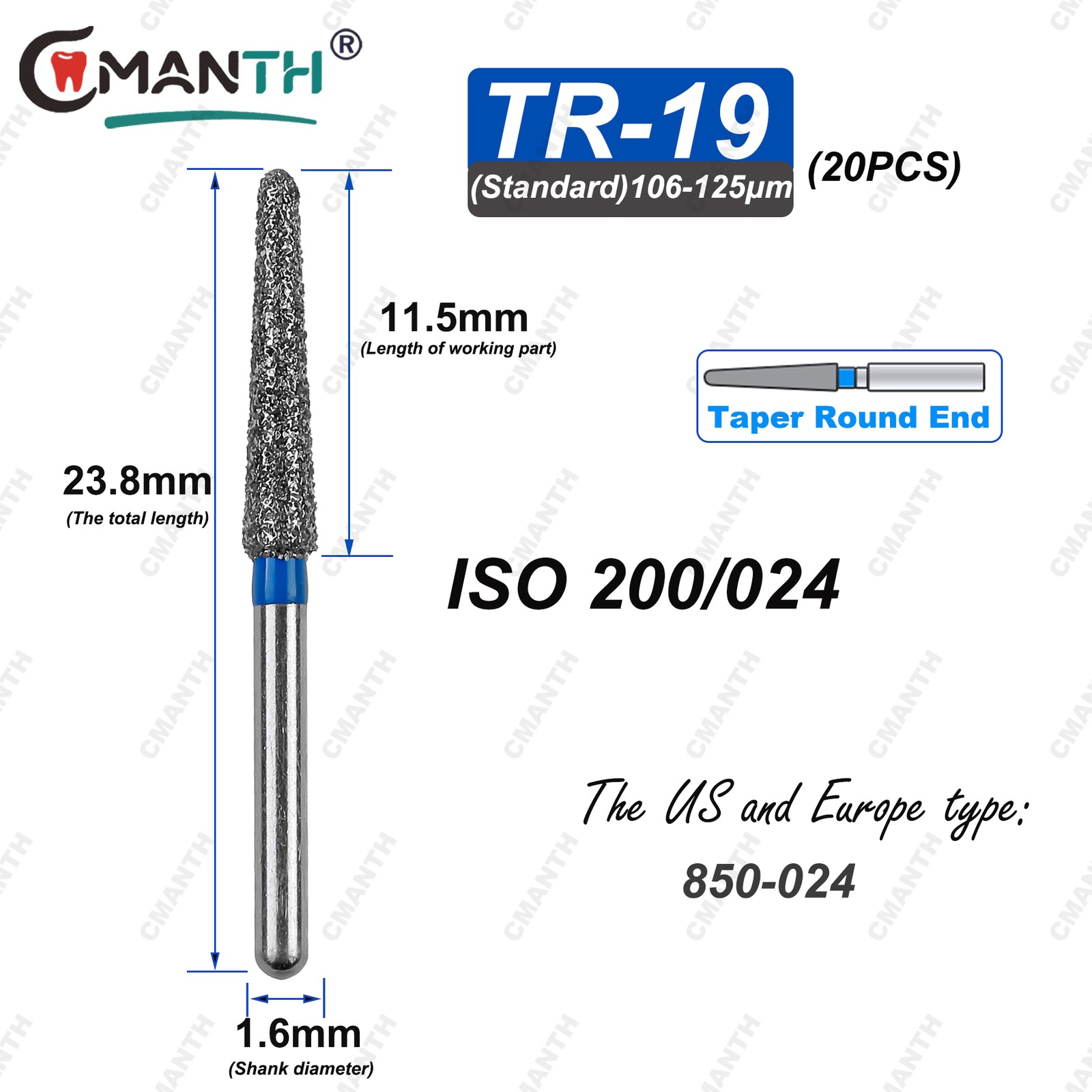 TR Type Dental Diamond Burs Fit High Speed Handpiece 1.6mm Drills 20pcs